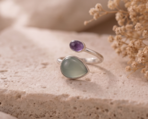 Mint Calcedony & Amethyst Stones Adjustable 925 Sterling Silver Ring