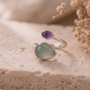 Mint Calcedony & Amethyst Stones Adjustable 925 Sterling Silver Ring