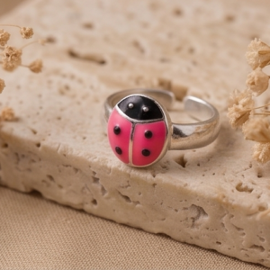 Whimsical Ladybug Enamel Adjustable 925 Sterling Silver Ring