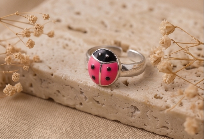 Whimsical Ladybug Enamel Adjustable 925 Sterling Silver Ring