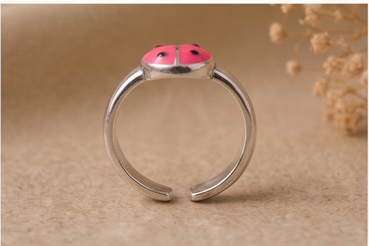Whimsical Ladybug Enamel Adjustable 925 Sterling Silver Ring - Image 2