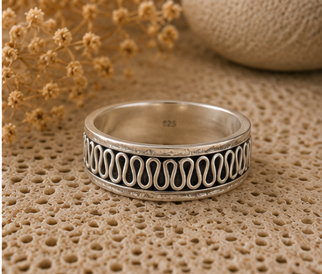 Grecian Meander Pattern 925 Sterling Silver Band - Image 2