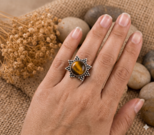 Radiant Sunburst Tiger’s Eye 925 Sterling Silver Ring