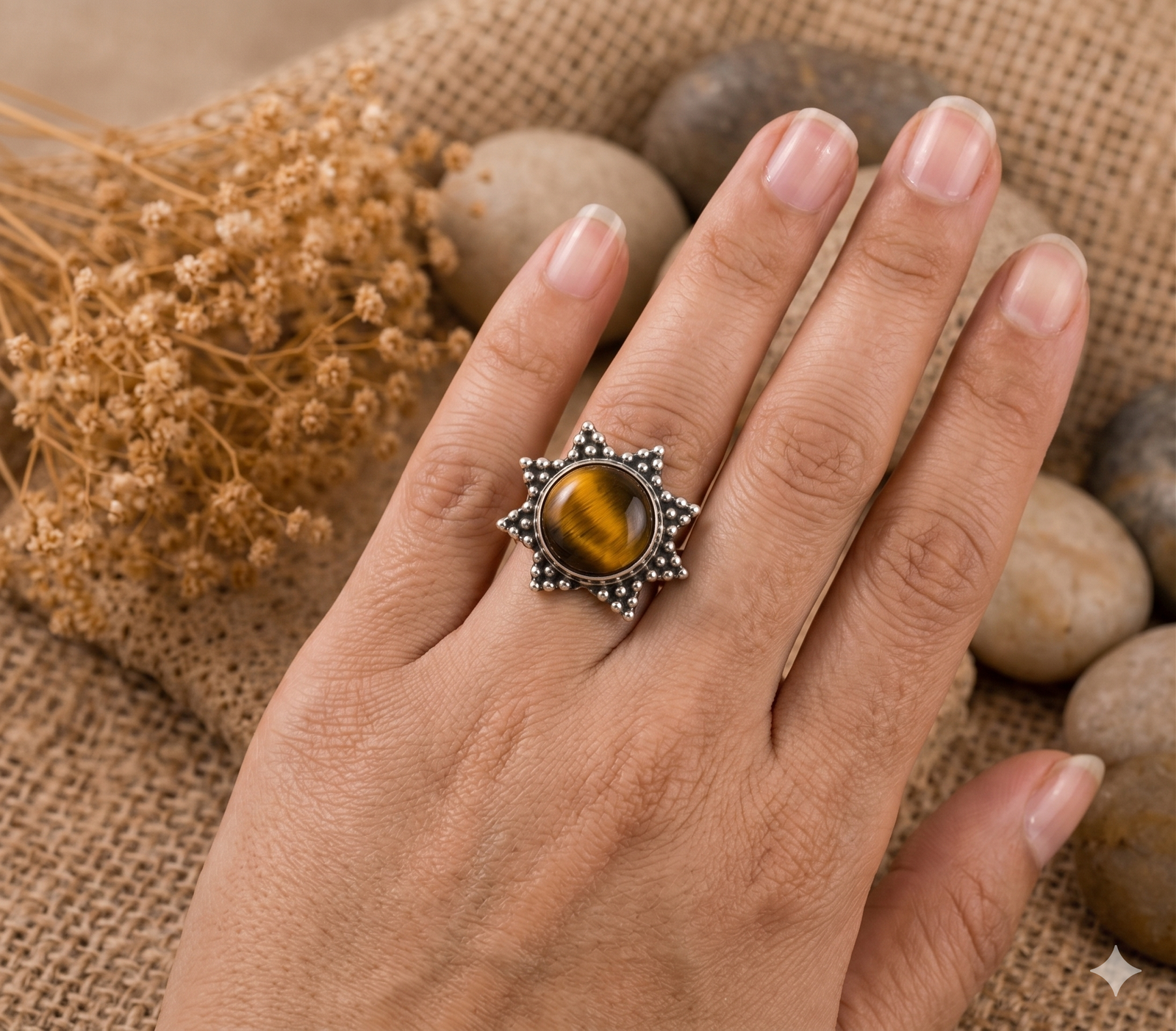 Radiant Sunburst Tiger’s Eye 925 Sterling Silver Ring