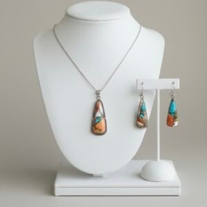 Multicolored casted stone earrings and pendant in 925 silver