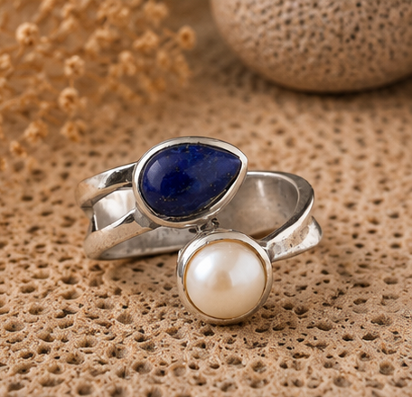 Celestial Contrast Pearl & Lapis Lazuli Open-Wrap Ring 925 Sterling Silver - Image 2