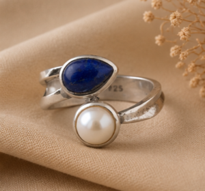 Celestial Contrast Pearl & Lapis Lazuli Open-Wrap Ring 925 Sterling Silver