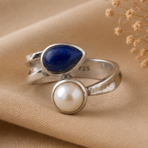 Celestial Contrast Pearl & Lapis Lazuli Open-Wrap Ring 925 Sterling Silver