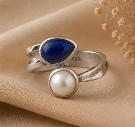 Celestial Contrast Pearl & Lapis Lazuli Open-Wrap Ring 925 Sterling Silver