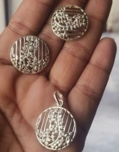 Round jaali work silver earrings and pendant set