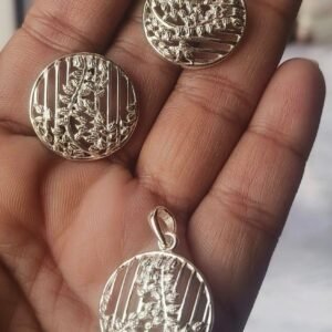 Round jaali work silver earrings and pendant set