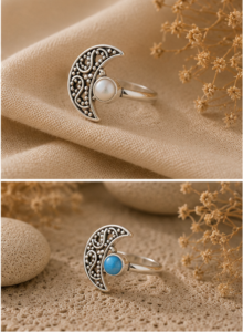 Celestial Crescent Moonstone Rawa Work 925 Sterling Silver Ring