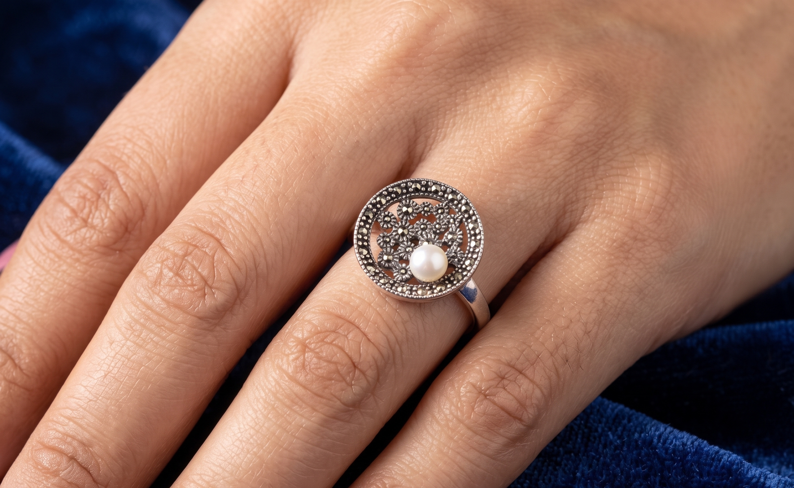 Celestial Pearl & Marcasite Mosaic 925 Sterling Silver Ring - Image 5