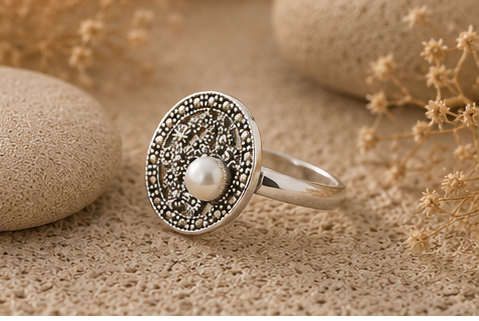 Celestial Pearl & Marcasite Mosaic 925 Sterling Silver Ring