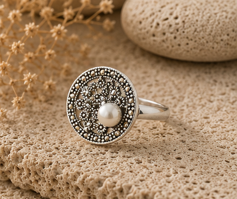 Celestial Pearl & Marcasite Mosaic 925 Sterling Silver Ring - Image 3