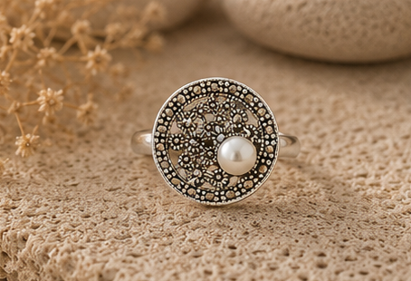 Celestial Pearl & Marcasite Mosaic 925 Sterling Silver Ring - Image 4