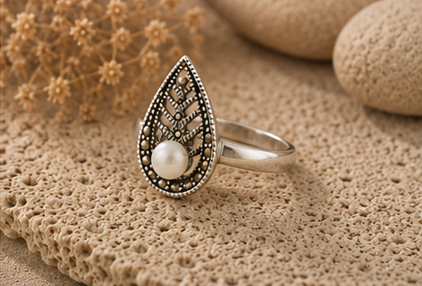 Ethereal Noor Leaf & Pearl Filigree 925 Sterling Silver Ring - Image 2