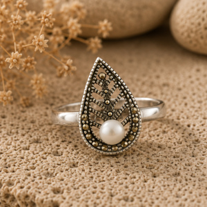 Ethereal Noor Leaf & Pearl Filigree 925 Sterling Silver Ring
