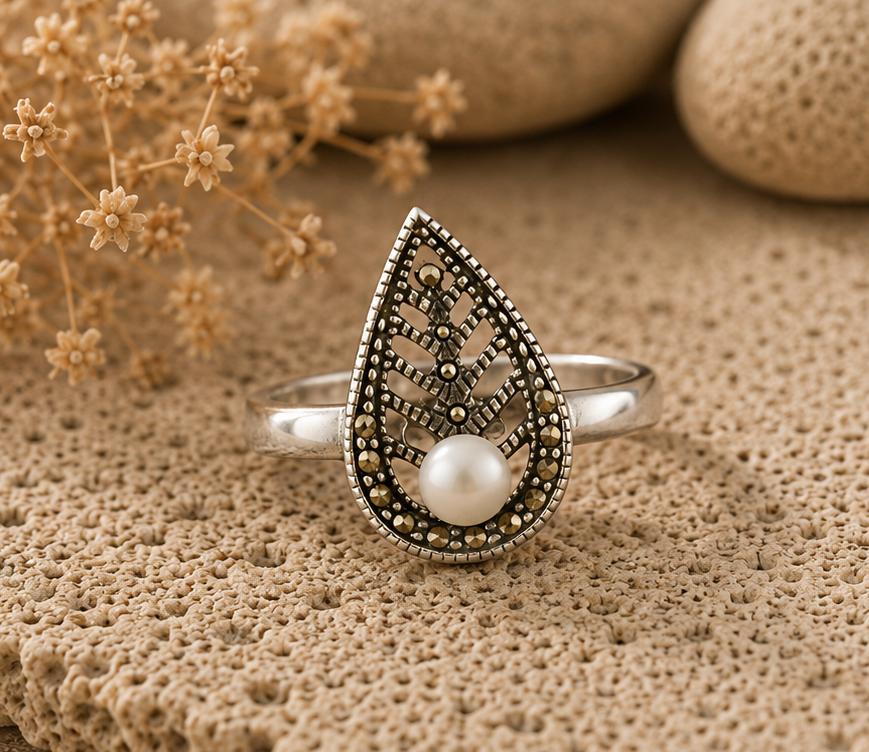 Ethereal Noor Leaf & Pearl Filigree 925 Sterling Silver Ring