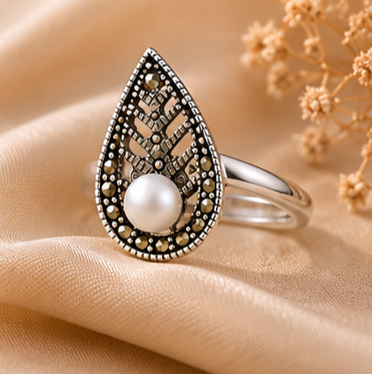 Ethereal Noor Leaf & Pearl Filigree 925 Sterling Silver Ring - Image 3