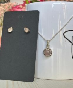 Rose quartz earrings and pendant set - 925 silver