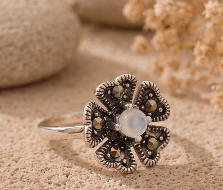 Vintage Floral Gulzar Marcasite & Moonstone 925 Sterling Silver Ring