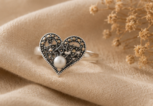 Vintage Heart Filigree Meher 925 Pearl Sterling Silver Ring