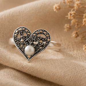 Vintage Heart Filigree Meher 925 Pearl Sterling Silver Ring