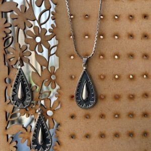 Rawa work drop shaped earrings and pendant set - 925 silver