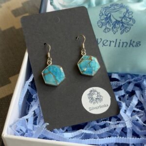 Blue Copper Turquoise Hexagon Shape 925 Sterling Solid Silver Dangler