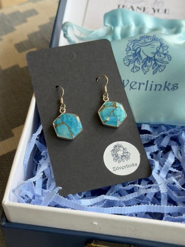 Blue Copper Turquoise Hexagon Shape 925 Sterling Solid Silver Dangler