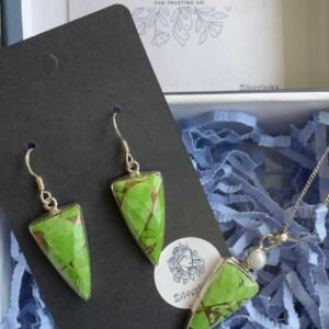 Green Copper Turquoise Inverted Triangle Earring and pendant set