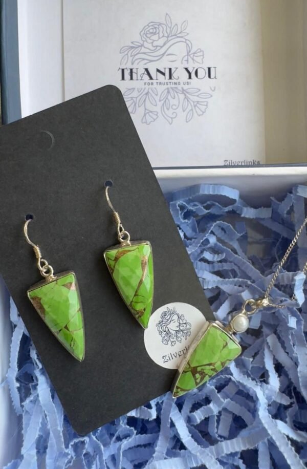 Green Copper Turquoise Inverted Triangle Earring and pendant set