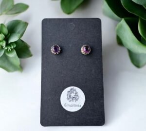 Handcrafted work around amethyst round silver studs