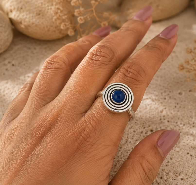 Celestial Spiral Lapis Gemstone 925 Sterling Silver Ring - Image 3