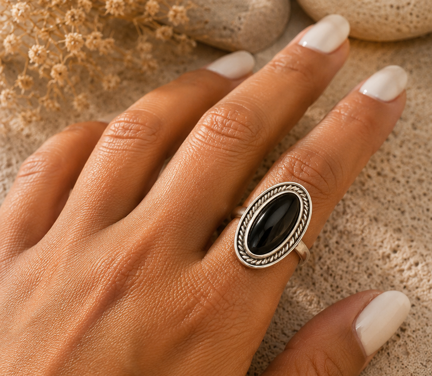 Midnight Oval ONYX Statement 925 Sterling Silver Ring - Image 4
