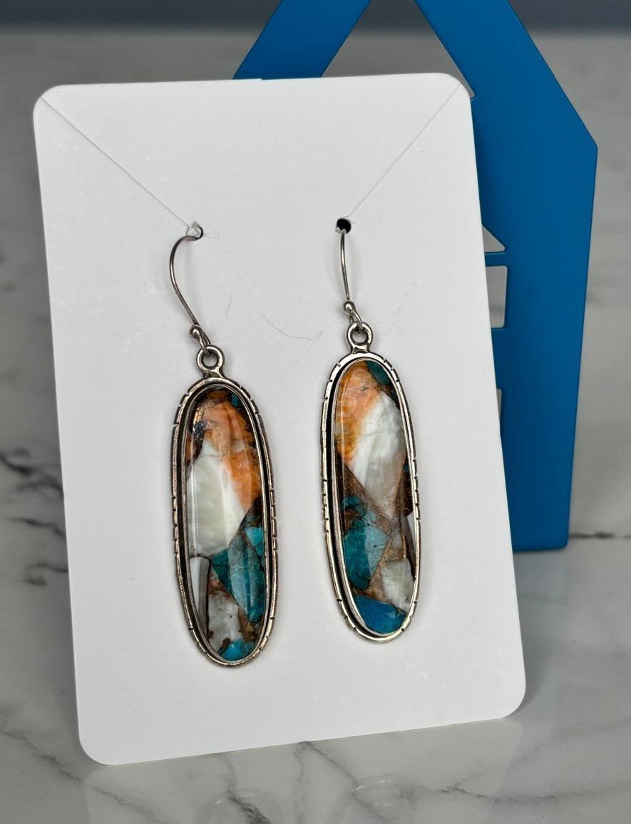 Multi-Gemstone Inlay Oval Earrings – 925 Sterling Silver.