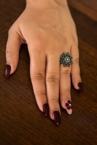 Oxidized silver gemstone cluster floral ring