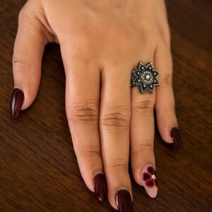 Oxidized silver gemstone cluster floral ring
