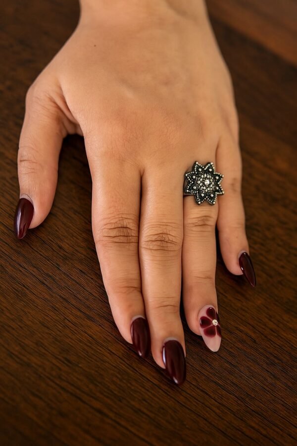 Oxidized silver gemstone cluster floral ring