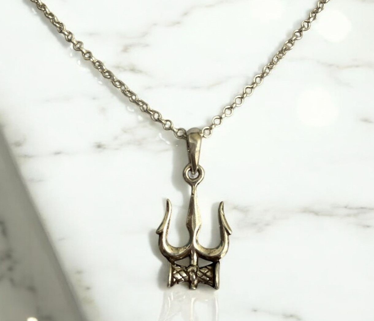 Oxidized silver trishula pendant necklace