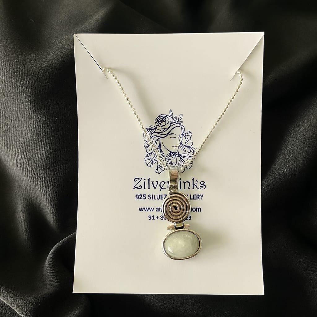 Sterling silver spiral and rainbow moonstone pendant necklace