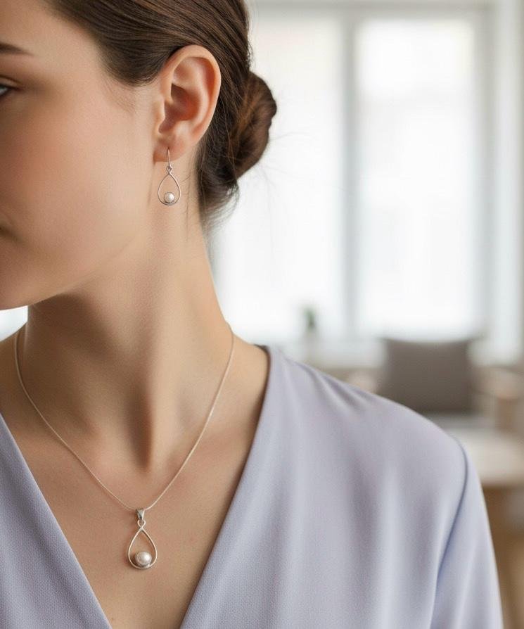 Silver teardrop pearl earring & pendant set