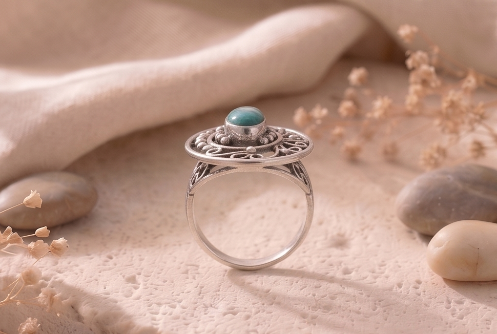 Artisan Filigree Turquoise Statement 925 Sterling Silver Ring - Image 3