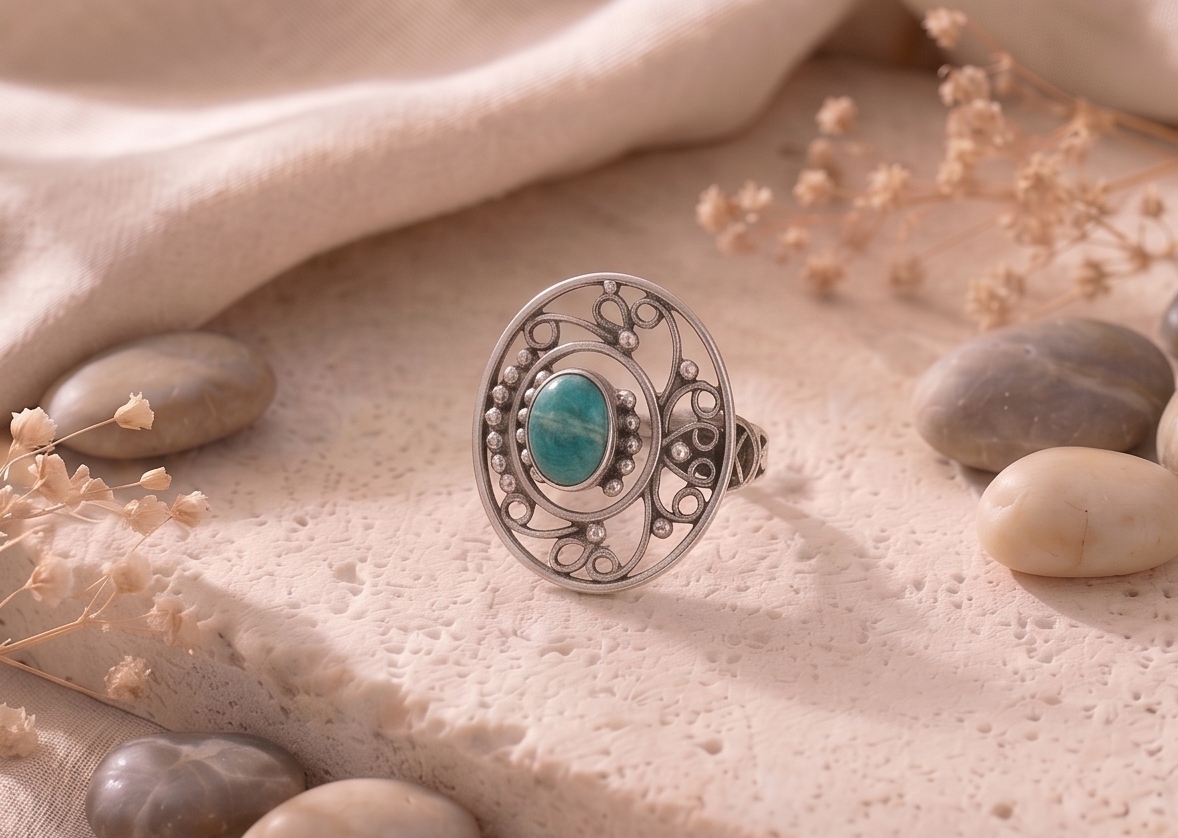 Artisan Filigree Turquoise Statement 925 Sterling Silver Ring - Image 2