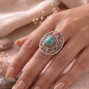 Artisan Filigree Turquoise Statement 925 Sterling Silver Ring