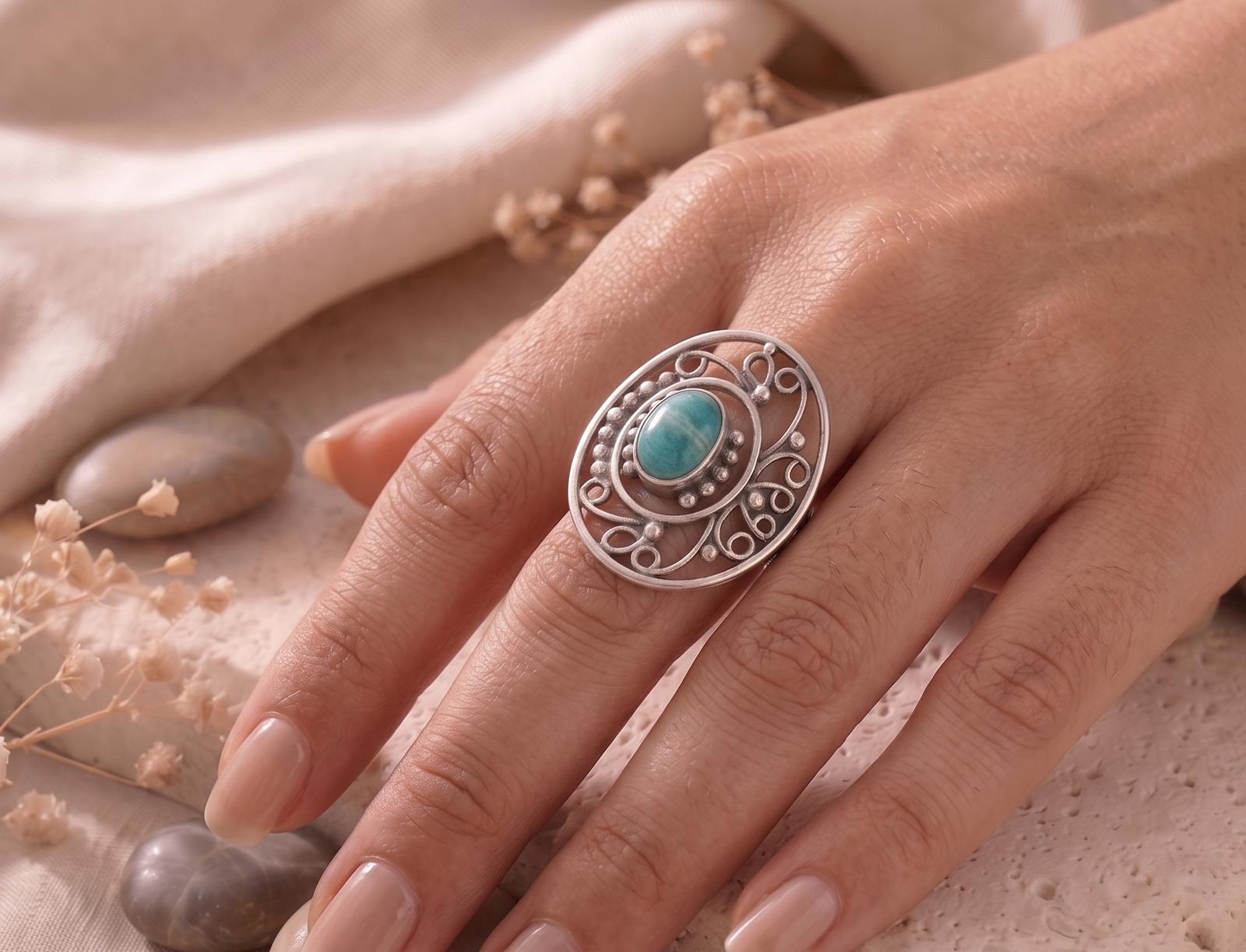 Artisan Filigree Turquoise Statement 925 Sterling Silver Ring