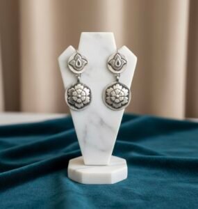 Oxidised floral silver drop earrings