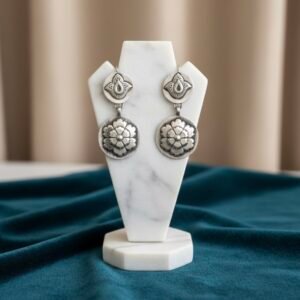 Oxidised floral silver drop earrings