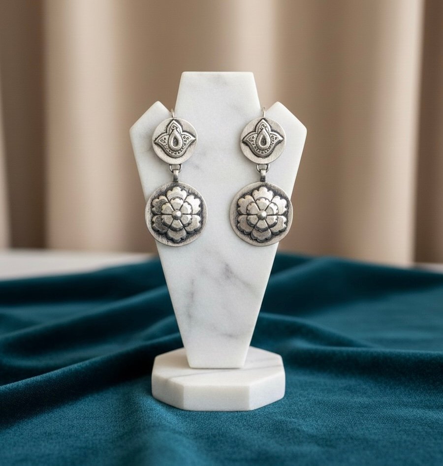 Oxidised floral silver drop earrings